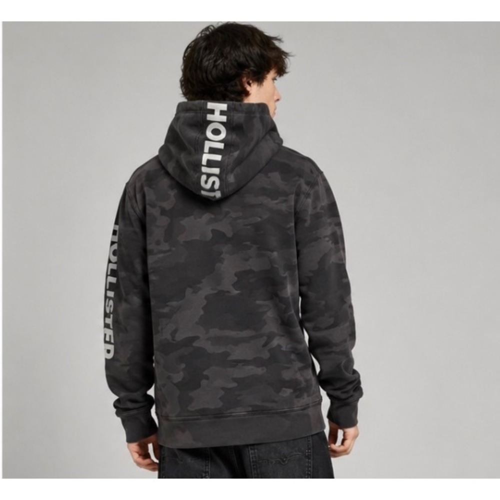 Hollister Mens Camo Hoodie Black Gray Camouflage Logo Graphic Pullover Size M - Picture 3 of 13
